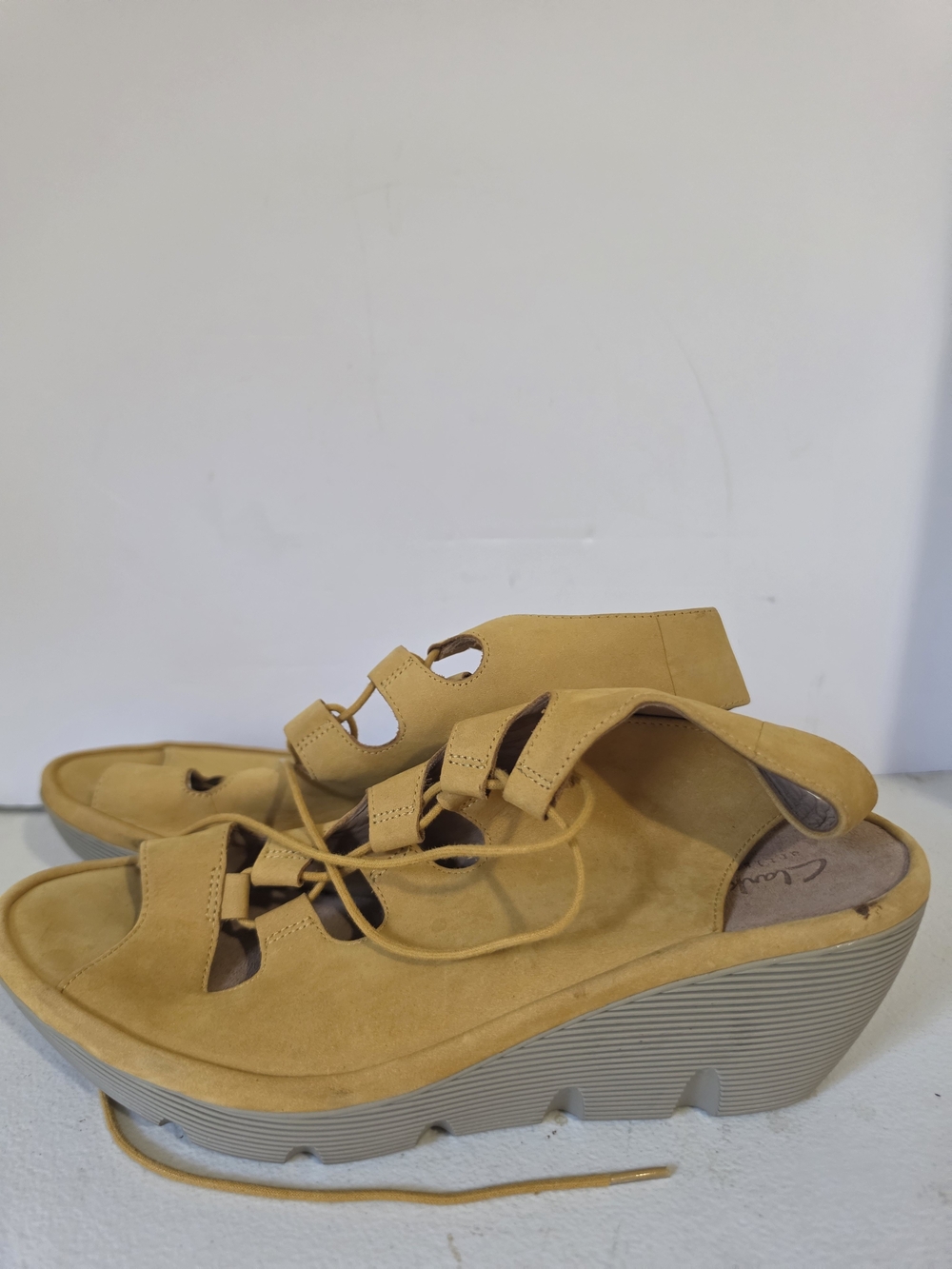 Clarks Women's Yellow Suede Lace-Up Wedge Sandals